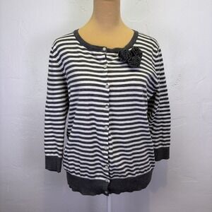 Old Navy Woman's Button Up Sweater Size L Grey White Striped 100% Cotton Staple